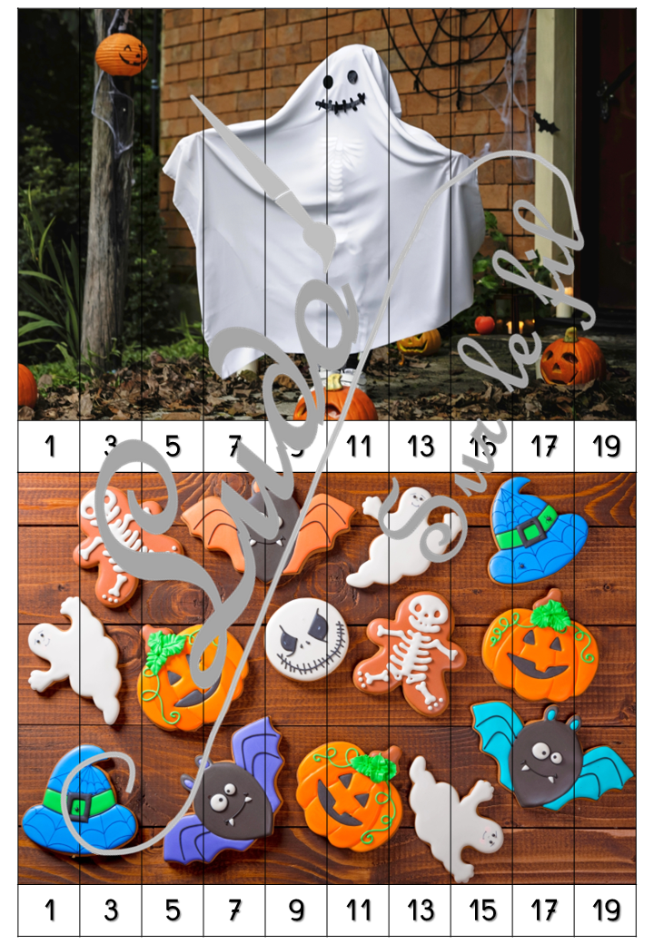 Jeu Puzzles numériques - Halloween - 28 puzzles en 9 niveaux progressifs - Suite numérique de 1 à 20 - Comptage de 2 en 2 - Chiffres pairs et impairs - Comptage de 10 en 10 - Connaissance Chiffres et Dizaines - Mathématiques - Comptine numérique - Personnages, décoration, bonbons, peur - Atelier autonome maternelle et élémentaire - PDF à télécharger et imprimer ou jeu imprimé - cycles 1 ou 2 - lslf