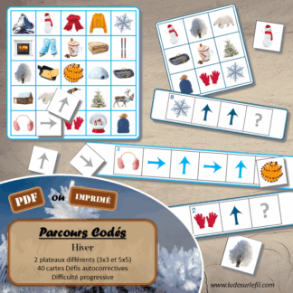 Suis les parcours codés - Hiver : froid, neige, alimentation, nature, animaux, vêtements... - codage, repérage et vocabulaire spatial - jeu et atelier autonome et autocorrectif Maternelle (Cycle 1) et Primaire (Cycle 2) - Niveaux et difficulté progressifs - PDF à télécharger et à imprimer ou jeu imprimé - difficulté progressive et solutions - lslf
