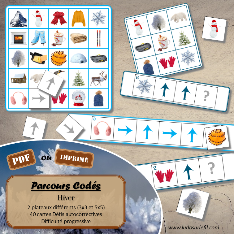 Suis les parcours codés - Hiver : froid, neige, alimentation, nature, animaux, vêtements... - codage, repérage et vocabulaire spatial - jeu et atelier autonome et autocorrectif Maternelle (Cycle 1) et Primaire (Cycle 2) - Niveaux et difficulté progressifs - PDF à télécharger et à imprimer ou jeu imprimé - difficulté progressive et solutions - lslf