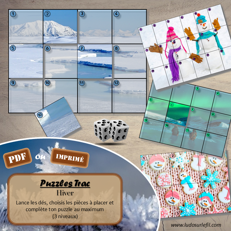 Jeu Puzzles Trac - Hiver - inspiré du célèbre Shut the box - Fermer la boîte - Trac - lance les dés, choisis les pièces et complète ton puzzle au maximum - Mathématiques, constellations, dénombrement, additions, décomposition additive, stratégie, probabilité, différentes représentations nombre - Jeu de société en 3 niveaux progressifs - de 1 à 18 - Atelier maternelle et élémentaire - PDF à télécharger et imprimer ou jeu imprimé - cycles 1 ou 2 - calcul - Hiver, froid, neige, banquise, saisons - lslf
