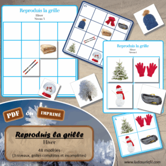 Reproduis la grille - Hiver - 48 modèles à reproduire - Repérage dans l'espace et vocabulaire spatial - Variante pour travailler la mémoire - Variante à deux pour le langage oral - Dicte, décris la grille pour que l'autre jouer la reproduise - jeu et atelier autonome Maternelle (Cycle 1) et Primaire (Cycle 2) - PDF à télécharger et à imprimer ou jeu imprimé - difficulté progressive - repérage spatial - se repérer dans une grille, dans un tableau - Thème Hiver, Froid, Neige, 4 saisons - lslf