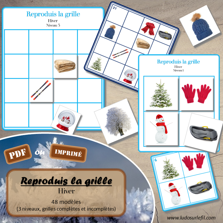 Reproduis la grille - Hiver - 48 modèles à reproduire - Repérage dans l'espace et vocabulaire spatial - Variante pour travailler la mémoire - Variante à deux pour le langage oral - Dicte, décris la grille pour que l'autre jouer la reproduise - jeu et atelier autonome Maternelle (Cycle 1) et Primaire (Cycle 2) - PDF à télécharger et à imprimer ou jeu imprimé - difficulté progressive - repérage spatial - se repérer dans une grille, dans un tableau - Thème Hiver, Froid, Neige, 4 saisons - lslf