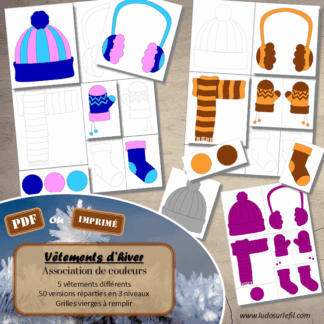 Vêtements d'hiver - Association de couleurs - Vêtements différentes proposés en 3 niveaux : 12 cartes 1 couleur, 18 cartes 2 couleurs, 20 cartes 3 couleurs - 50 version en tout - Grilles vierges à compléter - Association et connaissance des couleurs - Jeu et atelier autocorrectif et autonome - observation - discrimination visuelle - PDF à télécharger et à imprimer ou jeu imprimé - Atelier maternelle Cycle 2 - Vocabulaire - Vêtements, hiver, froid, neige, moufles, bonnet, écharpe, cache-oreilles, chaussette - lslf