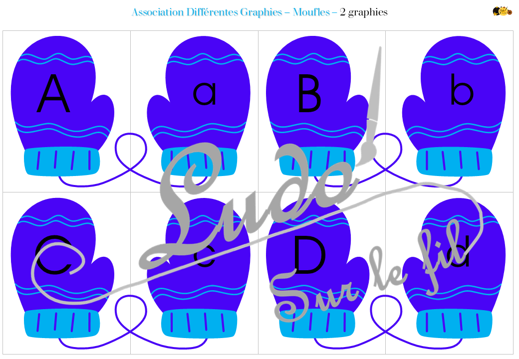 Jeu d'association différentes graphies des lettres - Moufles - pour un thème sur l'hiver, le froid, la neige, ls moufles, les gants ou les vêtements - Ecritures majuscule et minuscule script et minuscule cursif - Ordre alphabétique - Alphabet - Atelier autonome maternelle - IEF - PDF à télécharger et imprimer ou jeu imprimé - version cartes facile à découper - Puzzles Association Moufle gauche et moufle droite - Français - lslf