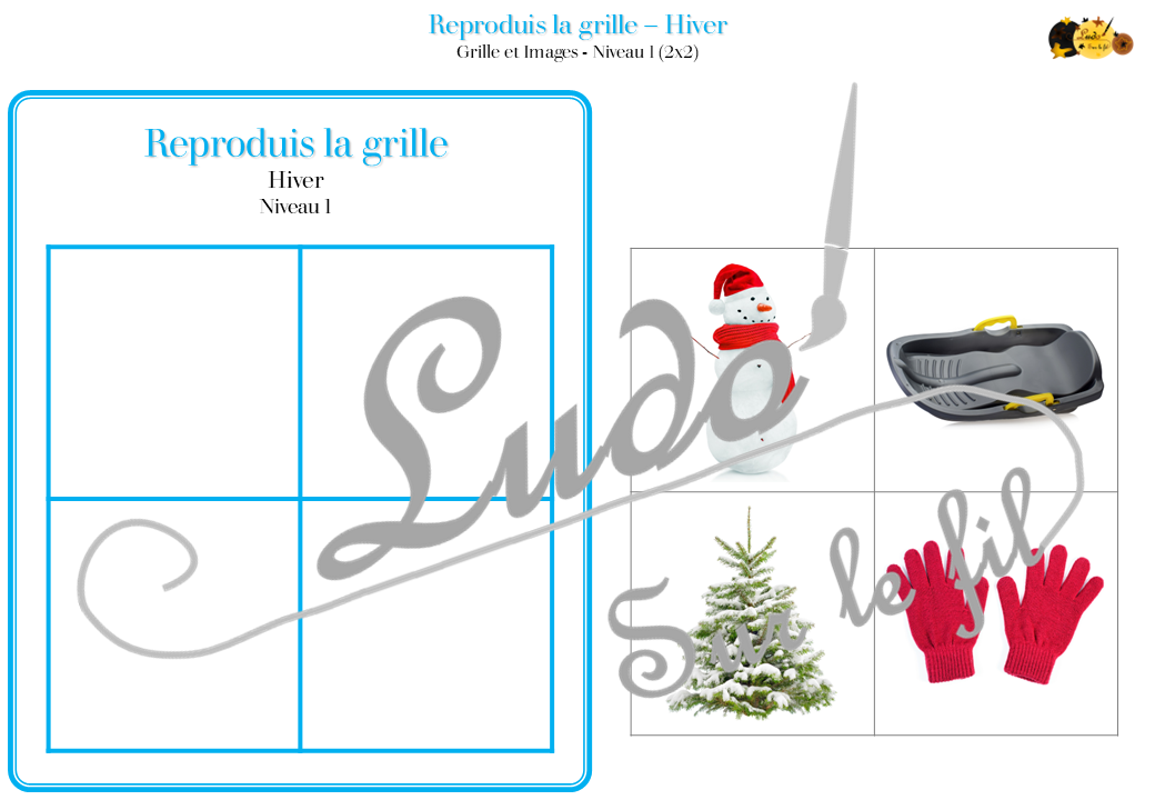 Reproduis la grille - Hiver - 48 modèles à reproduire - Repérage dans l'espace et vocabulaire spatial - Variante pour travailler la mémoire - Variante à deux pour le langage oral - Dicte, décris la grille pour que l'autre jouer la reproduise - jeu et atelier autonome Maternelle (Cycle 1) et Primaire (Cycle 2) - PDF à télécharger et à imprimer ou jeu imprimé - difficulté progressive - repérage spatial - se repérer dans une grille, dans un tableau - Thème Hiver, Froid, Neige, 4 saisons - lslf
