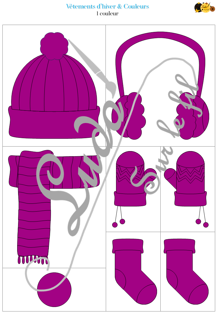 Vêtements d'hiver - Association de couleurs - Vêtements différentes proposés en 3 niveaux : 12 cartes 1 couleur, 18 cartes 2 couleurs, 20 cartes 3 couleurs - 50 version en tout - Grilles vierges à compléter - Association et connaissance des couleurs - Jeu et atelier autocorrectif et autonome - observation - discrimination visuelle - PDF à télécharger et à imprimer ou jeu imprimé - Atelier maternelle Cycle 2 - Vocabulaire - Vêtements, hiver, froid, neige, moufles, bonnet, écharpe, cache-oreilles, chaussette - lslf