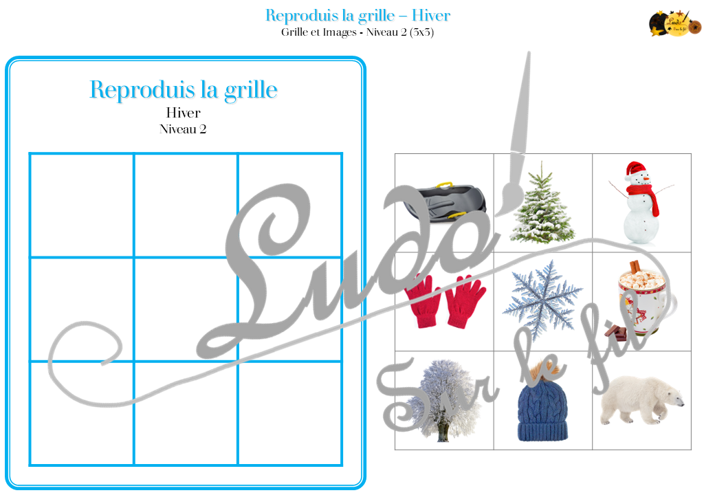 Reproduis la grille - Hiver - 48 modèles à reproduire - Repérage dans l'espace et vocabulaire spatial - Variante pour travailler la mémoire - Variante à deux pour le langage oral - Dicte, décris la grille pour que l'autre jouer la reproduise - jeu et atelier autonome Maternelle (Cycle 1) et Primaire (Cycle 2) - PDF à télécharger et à imprimer ou jeu imprimé - difficulté progressive - repérage spatial - se repérer dans une grille, dans un tableau - Thème Hiver, Froid, Neige, 4 saisons - lslf