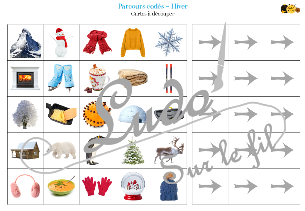 Suis les parcours codés - Hiver : froid, neige, alimentation, nature, animaux, vêtements... - codage, repérage et vocabulaire spatial - jeu et atelier autonome et autocorrectif Maternelle (Cycle 1) et Primaire (Cycle 2) - Niveaux et difficulté progressifs - PDF à télécharger et à imprimer ou jeu imprimé - difficulté progressive et solutions - lslf