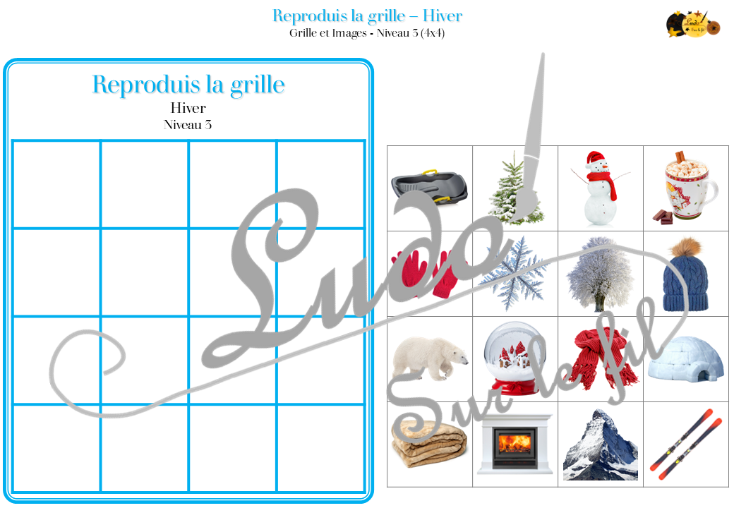 Reproduis la grille - Hiver - 48 modèles à reproduire - Repérage dans l'espace et vocabulaire spatial - Variante pour travailler la mémoire - Variante à deux pour le langage oral - Dicte, décris la grille pour que l'autre jouer la reproduise - jeu et atelier autonome Maternelle (Cycle 1) et Primaire (Cycle 2) - PDF à télécharger et à imprimer ou jeu imprimé - difficulté progressive - repérage spatial - se repérer dans une grille, dans un tableau - Thème Hiver, Froid, Neige, 4 saisons - lslf