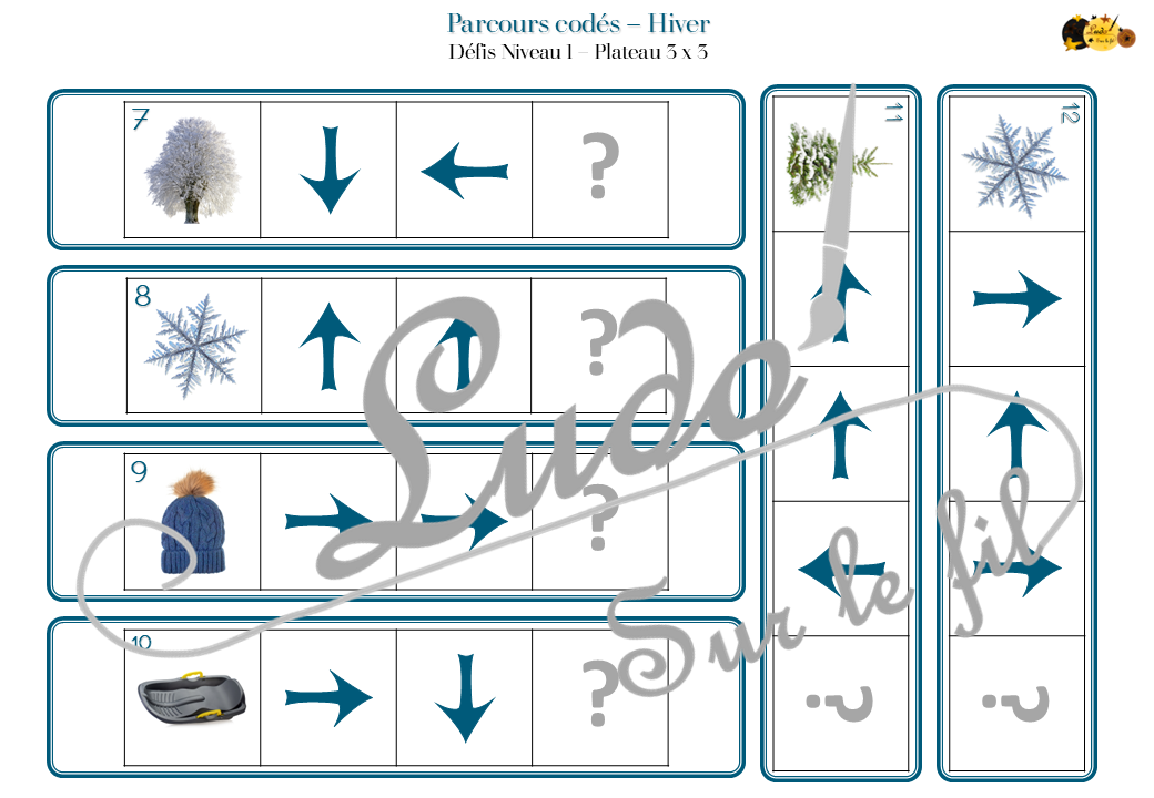 Suis les parcours codés - Hiver : froid, neige, alimentation, nature, animaux, vêtements... - codage, repérage et vocabulaire spatial - jeu et atelier autonome et autocorrectif Maternelle (Cycle 1) et Primaire (Cycle 2) - Niveaux et difficulté progressifs - PDF à télécharger et à imprimer ou jeu imprimé - difficulté progressive et solutions - lslf
