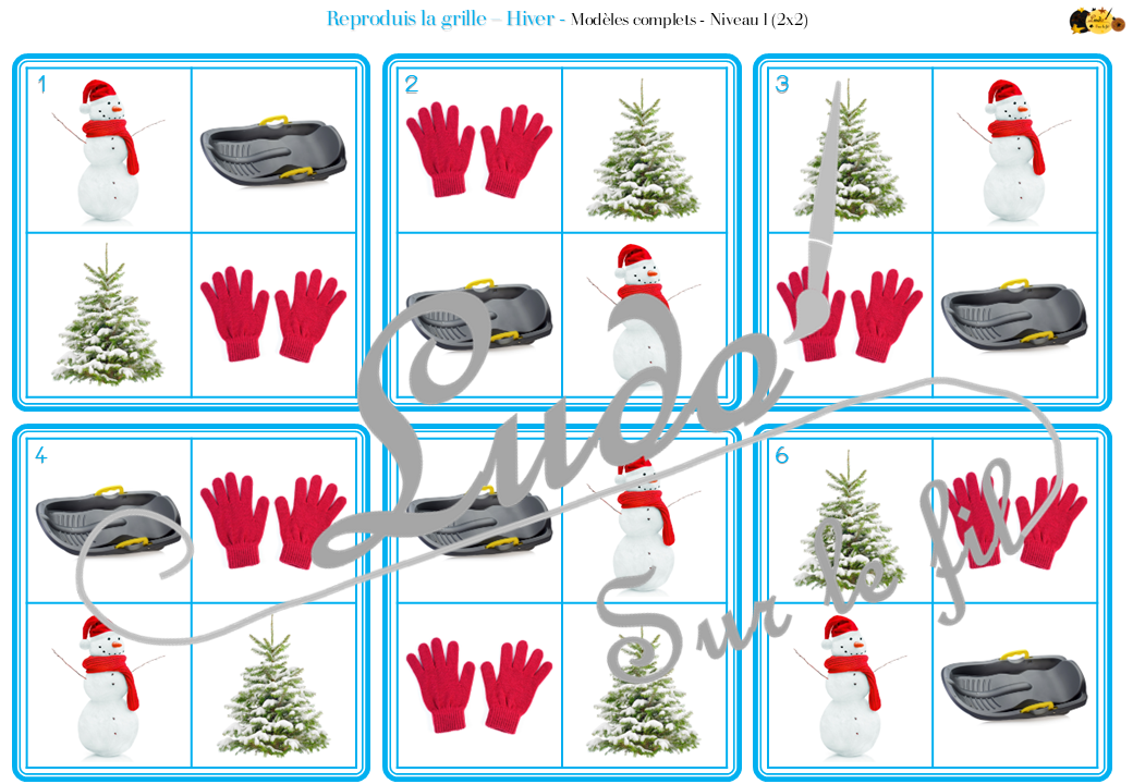 Reproduis la grille - Hiver - 48 modèles à reproduire - Repérage dans l'espace et vocabulaire spatial - Variante pour travailler la mémoire - Variante à deux pour le langage oral - Dicte, décris la grille pour que l'autre jouer la reproduise - jeu et atelier autonome Maternelle (Cycle 1) et Primaire (Cycle 2) - PDF à télécharger et à imprimer ou jeu imprimé - difficulté progressive - repérage spatial - se repérer dans une grille, dans un tableau - Thème Hiver, Froid, Neige, 4 saisons - lslf