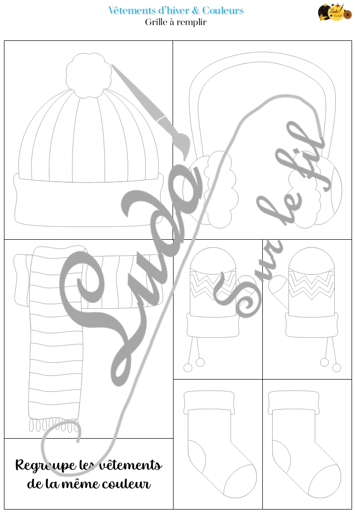 Vêtements d'hiver - Association de couleurs - Vêtements différentes proposés en 3 niveaux : 12 cartes 1 couleur, 18 cartes 2 couleurs, 20 cartes 3 couleurs - 50 version en tout - Grilles vierges à compléter - Association et connaissance des couleurs - Jeu et atelier autocorrectif et autonome - observation - discrimination visuelle - PDF à télécharger et à imprimer ou jeu imprimé - Atelier maternelle Cycle 2 - Vocabulaire - Vêtements, hiver, froid, neige, moufles, bonnet, écharpe, cache-oreilles, chaussette - lslf