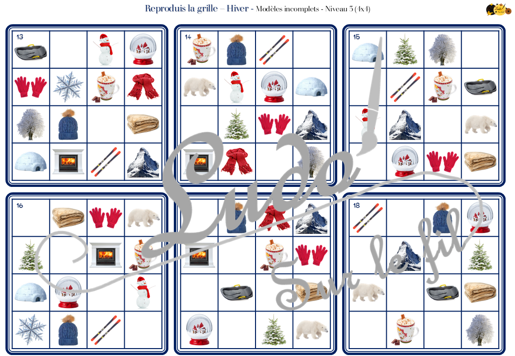 Reproduis la grille - Hiver - 48 modèles à reproduire - Repérage dans l'espace et vocabulaire spatial - Variante pour travailler la mémoire - Variante à deux pour le langage oral - Dicte, décris la grille pour que l'autre jouer la reproduise - jeu et atelier autonome Maternelle (Cycle 1) et Primaire (Cycle 2) - PDF à télécharger et à imprimer ou jeu imprimé - difficulté progressive - repérage spatial - se repérer dans une grille, dans un tableau - Thème Hiver, Froid, Neige, 4 saisons - lslf