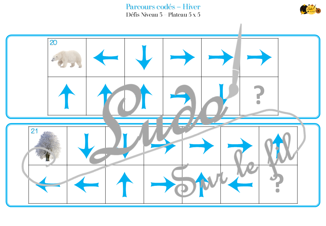Suis les parcours codés - Hiver : froid, neige, alimentation, nature, animaux, vêtements... - codage, repérage et vocabulaire spatial - jeu et atelier autonome et autocorrectif Maternelle (Cycle 1) et Primaire (Cycle 2) - Niveaux et difficulté progressifs - PDF à télécharger et à imprimer ou jeu imprimé - difficulté progressive et solutions - lslf