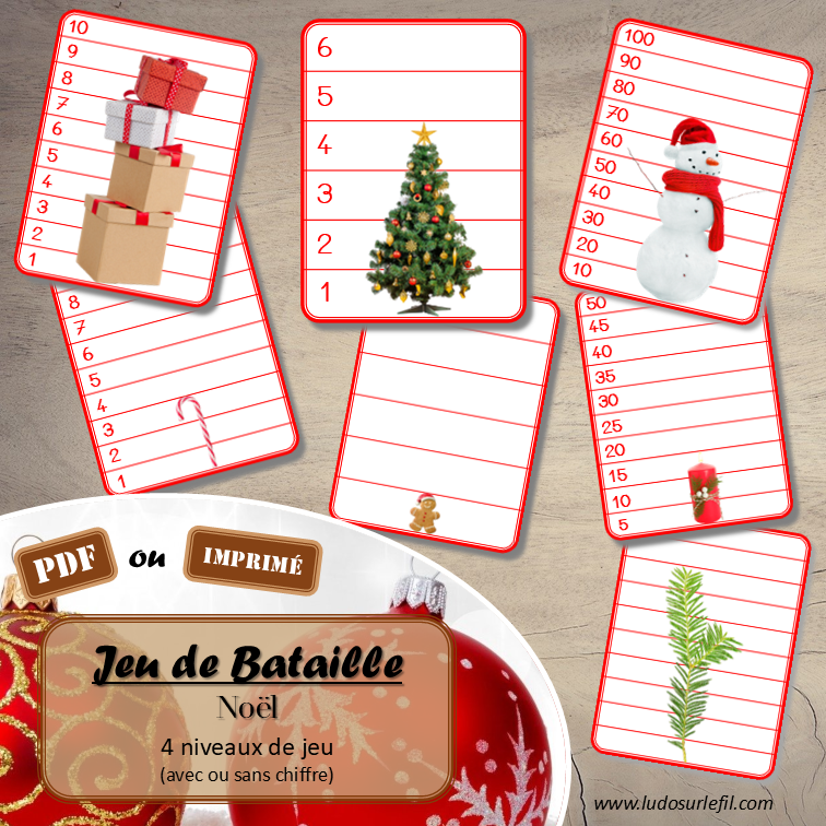 Jeu de bataille - Noël et Traditions - Comparaison de taille et de chiffres et nombres - 4 niveaux - avec ou sans chiffre - de 1 à 6 - de 1 à 10 - de 5 à 50 de 5 en 5 - de 10 à 100 de 10 en 10 - Progressif - Classement par ordre croissant - Rangement - Tri taille - Reconnaissance Chiffres - à télécharger et à imprimer ou jeu imprimé - Atelier maternelle et Cycle 2 - Vocabulaire Thème Noël, hiver, décorations, traditions, personnages, objets... - lslf