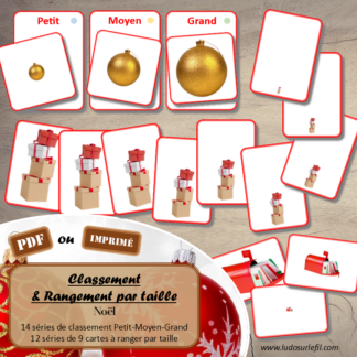 Jeu de classement, de rangement et de tri par taille - Noël - Cartes à trier, à classer et à ranger - Petit Moyen Grand - Personnages, traditions, décoration, père Noël... - fichier PDF à télécharger et à imprimer ou jeu imprimé - atelier autocorrectif maternelle et pré-scolaire - hiver - lslf