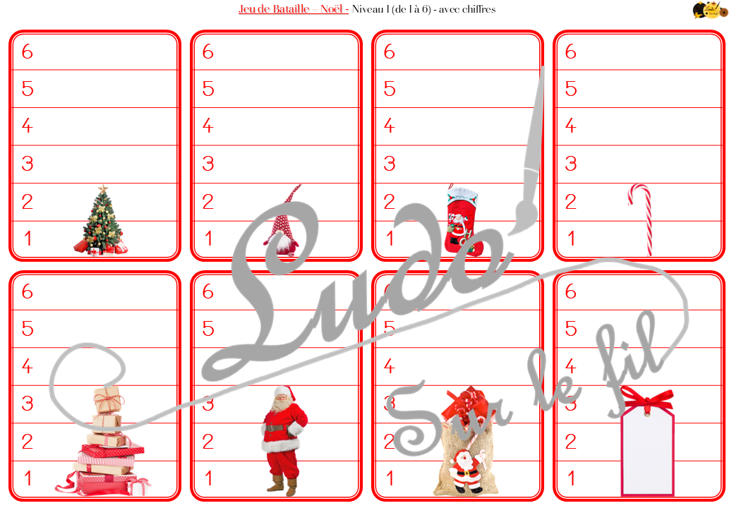 Jeu de bataille - Noël et Traditions - Comparaison de taille et de chiffres et nombres - 4 niveaux - avec ou sans chiffre - de 1 à 6 - de 1 à 10 - de 5 à 50 de 5 en 5 - de 10 à 100 de 10 en 10 - Progressif - Classement par ordre croissant - Rangement - Tri taille - Reconnaissance Chiffres - à télécharger et à imprimer ou jeu imprimé - Atelier maternelle et Cycle 2 - Vocabulaire Thème Noël, hiver, décorations, traditions, personnages, objets... - lslf
