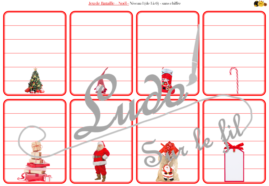 Jeu de bataille - Noël et Traditions - Comparaison de taille et de chiffres et nombres - 4 niveaux - avec ou sans chiffre - de 1 à 6 - de 1 à 10 - de 5 à 50 de 5 en 5 - de 10 à 100 de 10 en 10 - Progressif - Classement par ordre croissant - Rangement - Tri taille - Reconnaissance Chiffres - à télécharger et à imprimer ou jeu imprimé - Atelier maternelle et Cycle 2 - Vocabulaire Thème Noël, hiver, décorations, traditions, personnages, objets... - lslf