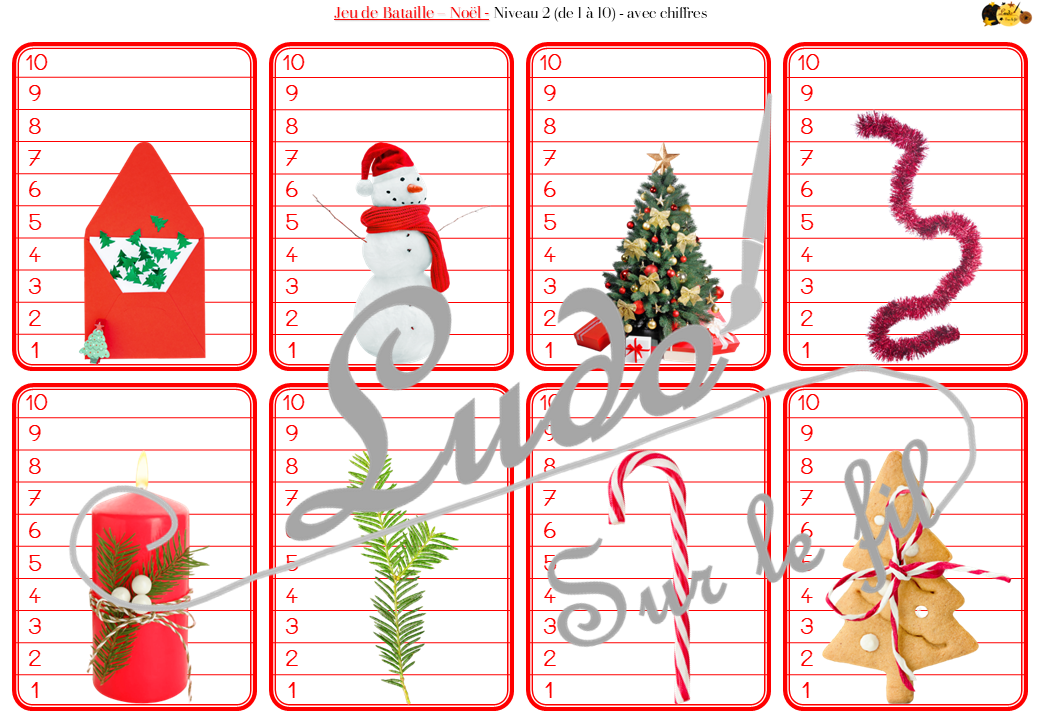 Jeu de bataille - Noël et Traditions - Comparaison de taille et de chiffres et nombres - 4 niveaux - avec ou sans chiffre - de 1 à 6 - de 1 à 10 - de 5 à 50 de 5 en 5 - de 10 à 100 de 10 en 10 - Progressif - Classement par ordre croissant - Rangement - Tri taille - Reconnaissance Chiffres - à télécharger et à imprimer ou jeu imprimé - Atelier maternelle et Cycle 2 - Vocabulaire Thème Noël, hiver, décorations, traditions, personnages, objets... - lslf
