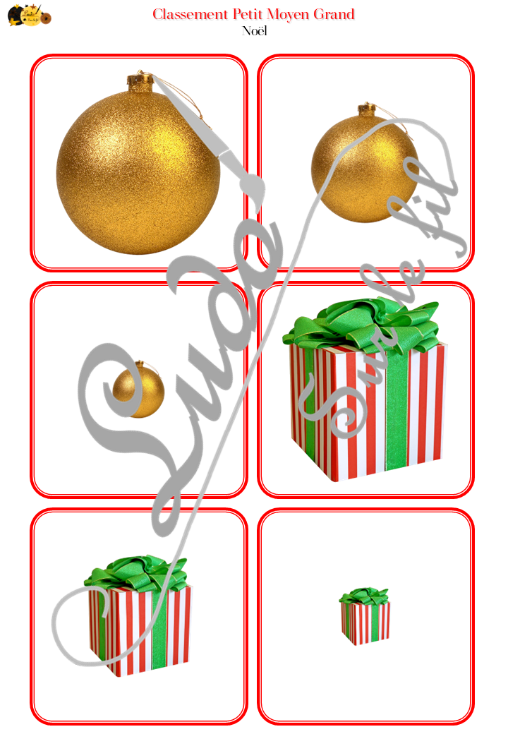 Jeu de classement, de rangement et de tri par taille - Noël - Cartes à trier, à classer et à ranger - Petit Moyen Grand - Personnages, traditions, décoration, père Noël... - fichier PDF à télécharger et à imprimer ou jeu imprimé - atelier autocorrectif maternelle et pré-scolaire - hiver - lslf