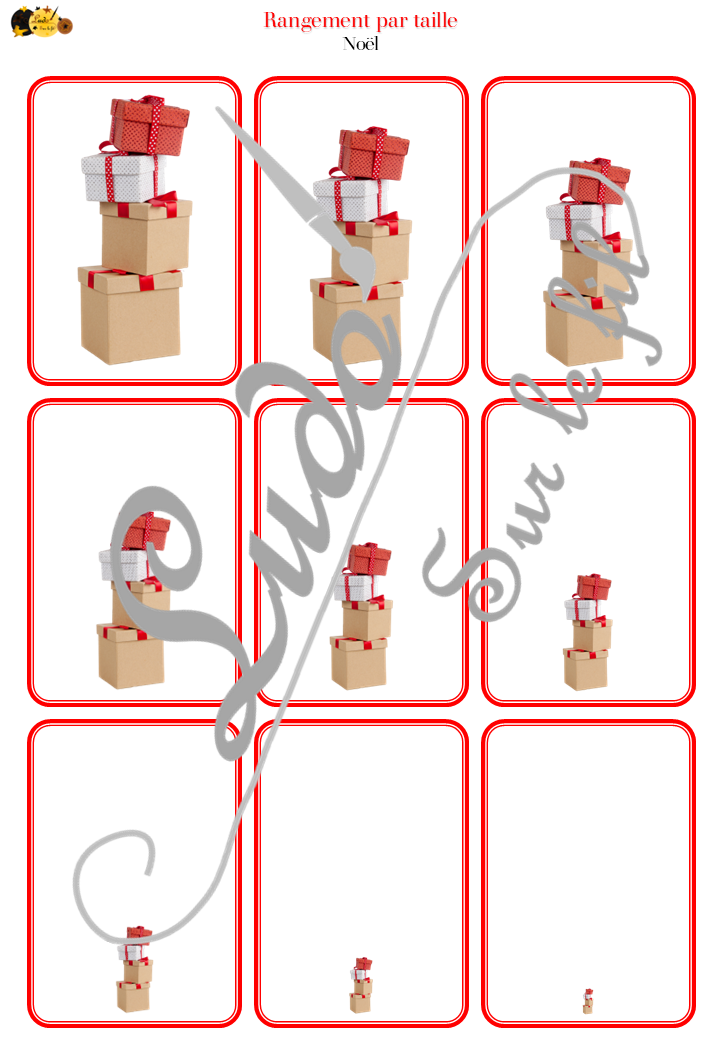 Jeu de classement, de rangement et de tri par taille - Noël - Cartes à trier, à classer et à ranger - Petit Moyen Grand - Personnages, traditions, décoration, père Noël... - fichier PDF à télécharger et à imprimer ou jeu imprimé - atelier autocorrectif maternelle et pré-scolaire - hiver - lslf