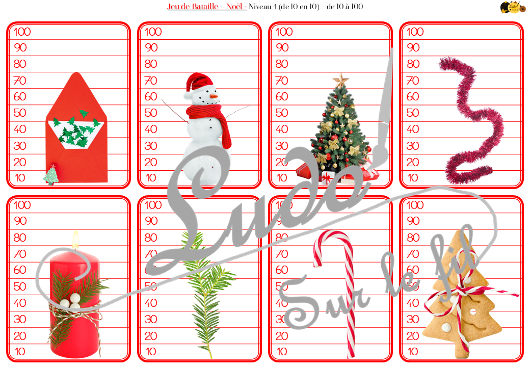 Jeu de bataille - Noël et Traditions - Comparaison de taille et de chiffres et nombres - 4 niveaux - avec ou sans chiffre - de 1 à 6 - de 1 à 10 - de 5 à 50 de 5 en 5 - de 10 à 100 de 10 en 10 - Progressif - Classement par ordre croissant - Rangement - Tri taille - Reconnaissance Chiffres - à télécharger et à imprimer ou jeu imprimé - Atelier maternelle et Cycle 2 - Vocabulaire Thème Noël, hiver, décorations, traditions, personnages, objets... - lslf