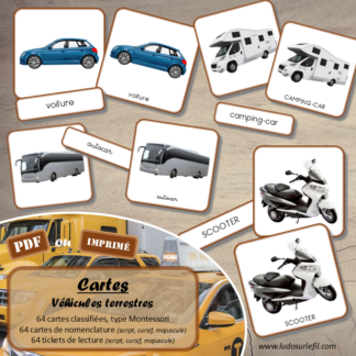 Jeu de cartes type Montessori (classifiées et de nomenclature) - Véhicules et moyens de transport terrestres - 4 roues, 2 roues, transports en commun, véhicules d'urgence, camions, déplacement sur neige... - Photos sur fond blanc - Autocorrection au dos (noms pour lecteurs, symboles pour non lecteur) - 3 graphies disponibles - Script, majuscule, cursif - Document PDF à télécharger et imprimer ou jeu imprimé - 64 cartes - Tickets de lecture - atelier autocorrectif maternelle élémentaire - Cycle 1 ou 2 - discrimination visuelle, observation, culture générale, lecture de mots, langage oral, lexique - lslf