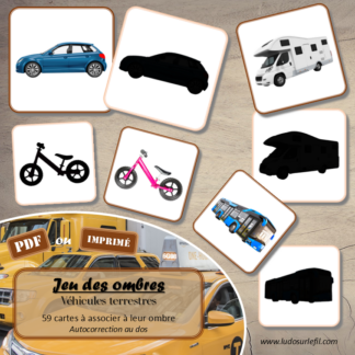 Jeu des ombres - Véhicules et moyens de transport terrestres - Vocabulaire, lexique - cartes à associer aux ombres - document PDF à télécharger et à imprimer ou jeu imprimé - atelier autocorrectif et autonome maternelle - Véhicules, transports en commun, modes de déplacement, su terre - lslf