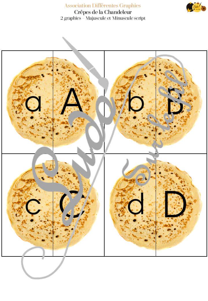 Jeu d'association différentes graphies des lettres - Les crêpes de la Chandeleur - Gourmandises pour thème sur l'hiver ou un anniversaire - Ecritures majuscule et minuscule script et majuscule et minuscule cursif - Ordre alphabétique - Alphabet - Atelier autonome maternelle - IEF - PDF à télécharger et imprimer ou jeu imprimé - version cartes facile à découper - Puzzles - Français - lslf