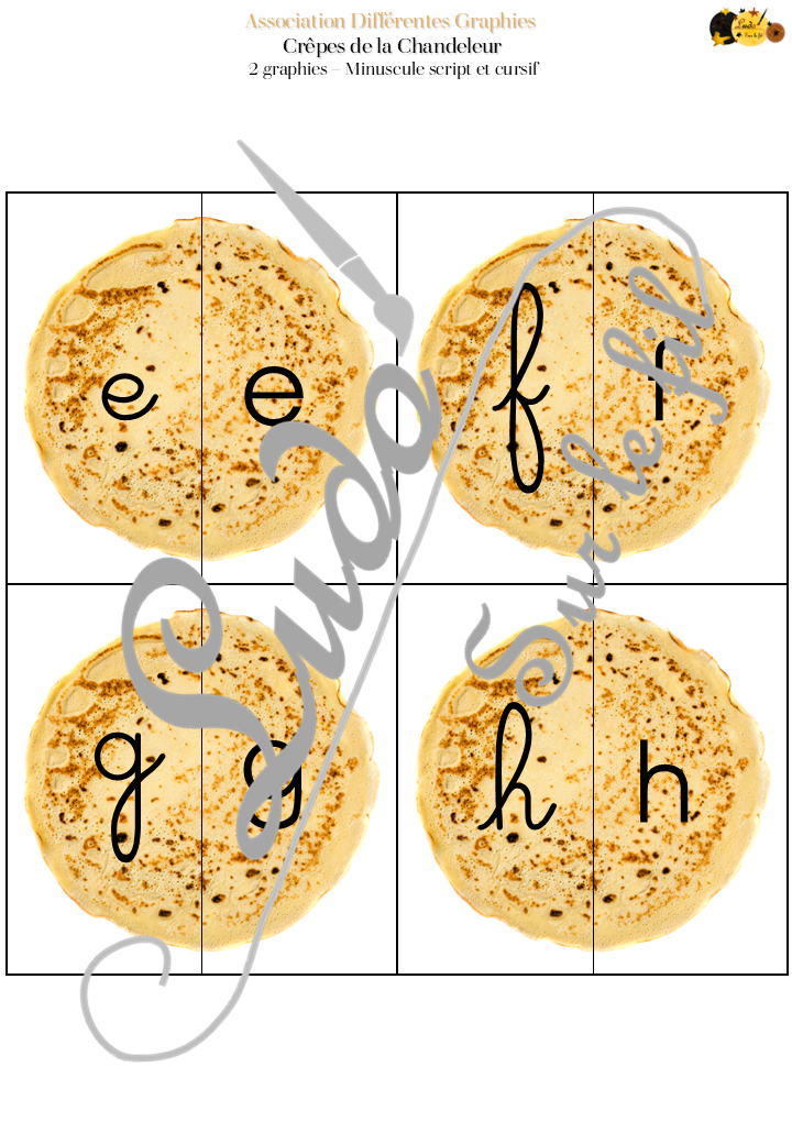 Jeu d'association différentes graphies des lettres - Les crêpes de la Chandeleur - Gourmandises pour thème sur l'hiver ou un anniversaire - Ecritures majuscule et minuscule script et majuscule et minuscule cursif - Ordre alphabétique - Alphabet - Atelier autonome maternelle - IEF - PDF à télécharger et imprimer ou jeu imprimé - version cartes facile à découper - Puzzles - Français - lslf