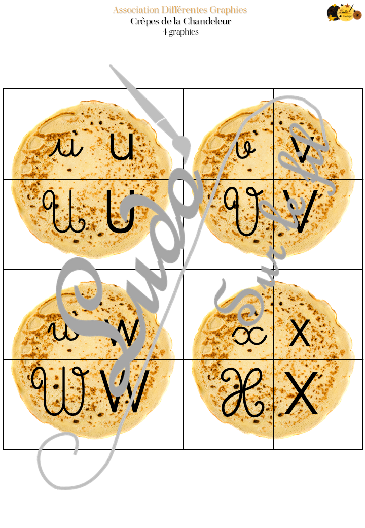 Jeu d'association différentes graphies des lettres - Les crêpes de la Chandeleur - Gourmandises pour thème sur l'hiver ou un anniversaire - Ecritures majuscule et minuscule script et majuscule et minuscule cursif - Ordre alphabétique - Alphabet - Atelier autonome maternelle - IEF - PDF à télécharger et imprimer ou jeu imprimé - version cartes facile à découper - Puzzles - Français - lslf