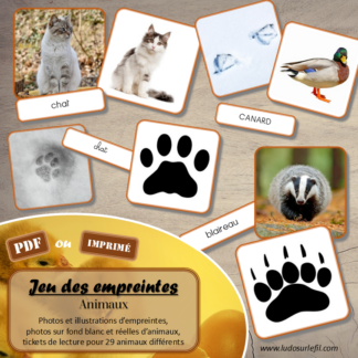 Jeu des empreintes d'animaux - 29 animaux différents de divers habitats, domestiques et sauvages - Association des photos et des illustrations des empreintes, des photos réelles et sur fond blanc des animaux - Tickets de lecture script, cursif, majuscule - Discrimination visuelle, Vocabulaire, lexique - cartes à associer les unes aux autres - document PDF à télécharger et à imprimer ou jeu imprimé - atelier autocorrectif et autonome maternelle - Animaux de la ferme, de la savane, de la forêt, domestiques, oiseaux, herbivores, carnivores - Conseil de livres pour compléter - Atelier nature, école dehors - lslf