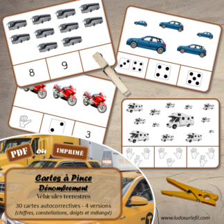 Jeu de cartes à pince de dénombrement de 1 à 15 - Thème Véhicules et moyens de transport terrestres - 30 cartes autocorrectives avec différentes représentations des nombres - constellations du dé, chiffres, doigts de la main, mélangé - compter de 1 à 15 - 120 cartes réparties en 4 niveaux de difficulté - progressif - Autocorrection au dos - Atelier autonome maternelle ou élémentaire - Cycles 1 et 2 - Document PDF à télécharger et imprimer ou jeu imprimé - Motricité fine et pince Pouce-Index avec pinces à linge - ludique - Thème véhicules, moyens de transport, de déplacement terrestres - lslf