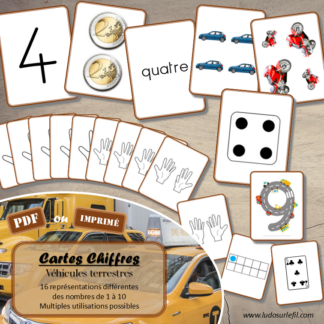 Cartes Chiffres - Thème Véhicules et moyens de transport terrestres - Jeu d'association différentes représentations des nombres de 1 à 10 - 16 représentations différentes pour travailler différentes compétences - Chiffres, écrit en lettres (cursif, script et majuscule), quantité objets, constellations dé, doigts main, cartes à jouer, jetons dans boite, anglais, pièces, ... - File numérique de 1 à 10 - Comparaison de quantité - Mémo ou affichage classe - jeu de memory ou bataille - Atelier autonome et autocorrectif maternelle et cycle 2 (CP) - IEF - PDF à télécharger et imprimer ou jeu imprimé - version cartes facile à découper - Mathématiques - Véhicules, 2 roues, 4 roues, transports en commun - lslf