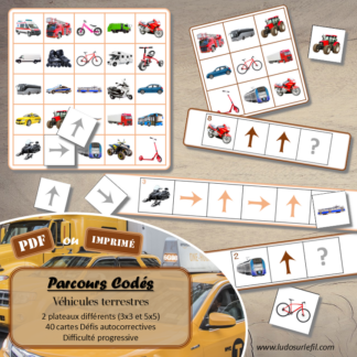 Suis les parcours codés - Véhicules terrestres : moyens de transport, modes de déplacement, 2 roues, 4 roues, transports en commun... - codage, repérage et vocabulaire spatial - jeu et atelier autonome et autocorrectif Maternelle (Cycle 1) et Primaire (Cycle 2) - Niveaux et difficulté progressifs - PDF à télécharger et à imprimer ou jeu imprimé - difficulté progressive et solutions - lslf