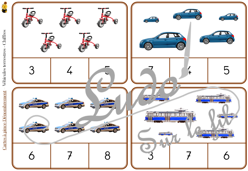 Jeu de cartes à pince de dénombrement de 1 à 15 - Thème Véhicules et moyens de transport terrestres - 30 cartes autocorrectives avec différentes représentations des nombres - constellations du dé, chiffres, doigts de la main, mélangé - compter de 1 à 15 - 120 cartes réparties en 4 niveaux de difficulté - progressif - Autocorrection au dos - Atelier autonome maternelle ou élémentaire - Cycles 1 et 2 - Document PDF à télécharger et imprimer ou jeu imprimé - Motricité fine et pince Pouce-Index avec pinces à linge - ludique - Thème véhicules, moyens de transport, de déplacement terrestres - lslf