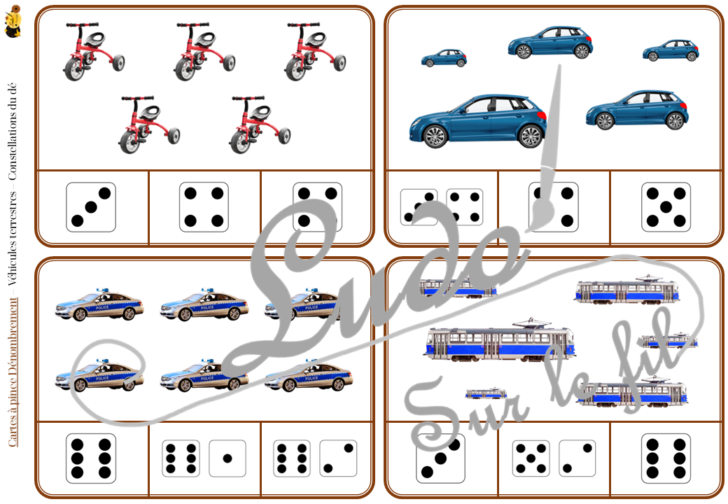 Jeu de cartes à pince de dénombrement de 1 à 15 - Thème Véhicules et moyens de transport terrestres - 30 cartes autocorrectives avec différentes représentations des nombres - constellations du dé, chiffres, doigts de la main, mélangé - compter de 1 à 15 - 120 cartes réparties en 4 niveaux de difficulté - progressif - Autocorrection au dos - Atelier autonome maternelle ou élémentaire - Cycles 1 et 2 - Document PDF à télécharger et imprimer ou jeu imprimé - Motricité fine et pince Pouce-Index avec pinces à linge - ludique - Thème véhicules, moyens de transport, de déplacement terrestres - lslf