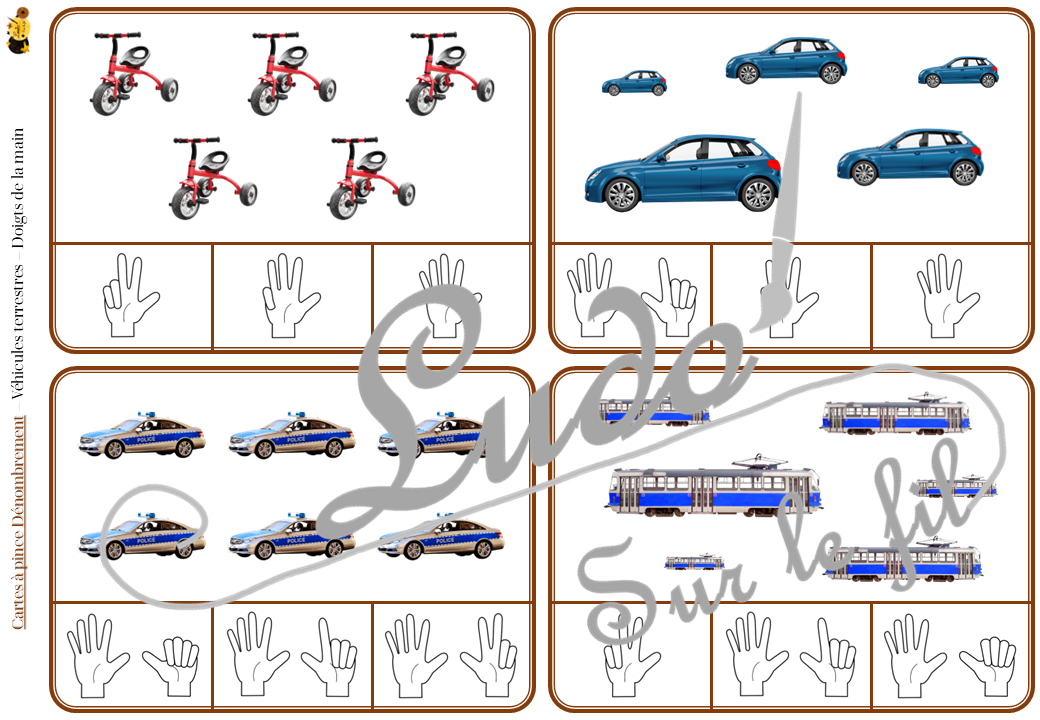 Jeu de cartes à pince de dénombrement de 1 à 15 - Thème Véhicules et moyens de transport terrestres - 30 cartes autocorrectives avec différentes représentations des nombres - constellations du dé, chiffres, doigts de la main, mélangé - compter de 1 à 15 - 120 cartes réparties en 4 niveaux de difficulté - progressif - Autocorrection au dos - Atelier autonome maternelle ou élémentaire - Cycles 1 et 2 - Document PDF à télécharger et imprimer ou jeu imprimé - Motricité fine et pince Pouce-Index avec pinces à linge - ludique - Thème véhicules, moyens de transport, de déplacement terrestres - lslf