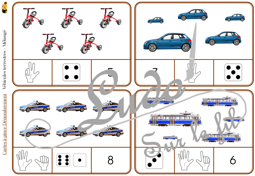 Jeu de cartes à pince de dénombrement de 1 à 15 - Thème Véhicules et moyens de transport terrestres - 30 cartes autocorrectives avec différentes représentations des nombres - constellations du dé, chiffres, doigts de la main, mélangé - compter de 1 à 15 - 120 cartes réparties en 4 niveaux de difficulté - progressif - Autocorrection au dos - Atelier autonome maternelle ou élémentaire - Cycles 1 et 2 - Document PDF à télécharger et imprimer ou jeu imprimé - Motricité fine et pince Pouce-Index avec pinces à linge - ludique - Thème véhicules, moyens de transport, de déplacement terrestres - lslf