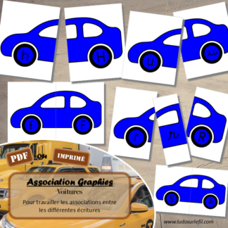 Jeu d'association différentes graphies des lettres - Voitures - pour un thème sur les véhicules terrestres ou les moyens de transport - Ecritures majuscule et minuscule script et minuscule cursif - Ordre alphabétique - Alphabet - Atelier autonome maternelle - IEF - PDF à télécharger et imprimer ou jeu imprimé - version cartes facile à découper - Puzzles Association Avant et arrière de la voiture ou roues - Français - lslf