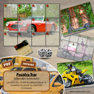 Jeu Puzzles Trac - Véhicules terrestres - inspiré du célèbre Shut the box - Fermer la boîte - Trac - lance les dés, choisis les pièces et complète ton puzzle au maximum - Mathématiques, constellations, dénombrement, additions, décomposition additive, stratégie, probabilité, différentes représentations nombre - Jeu de société en 3 niveaux progressifs - de 1 à 18 - Atelier maternelle et élémentaire - PDF à télécharger et imprimer ou jeu imprimé - cycles 1 ou 2 - calcul - Véhicules terrestres, moyens de transport, 2, 4 roues, camions, transport en commun, déplacement - lslf