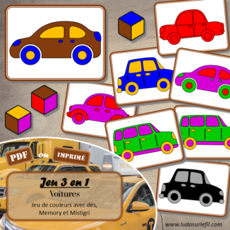 Jeu 3 en 1 Voitures - Jeu de dés autour des couleurs - Memory - Mistigri - Travail de la discrimination visuelle, de la rapidité, de l'observation et de la mémoire - Thème sur les véhicules terrestres - Atelier préscolaire et maternelle autonome - Thème Véhicules terrestres - Support pédagogique - Document PDF à télécharger et imprimer ou jeu imprimé - ludique - lslf