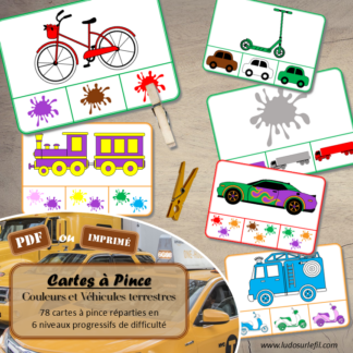 Jeu de cartes à pince sur les couleurs et les véhicules terrestres - Pour un thème sur les voitures, camions et autres moyens de transport - 78 cartes réparties en 6 niveaux de difficulté - progressif - 1, 2, 3 couleurs - Véhicules et couleurs ou deux véhicules différents - Autocorrection au dos - Atelier préscolaire et maternelle autonome - Thème Véhicules terrestres - Support pédagogique - Document PDF à télécharger et imprimer ou jeu imprimé - Motricité fine et pince Pouce-Index avec pinces à linge - ludique - lslf