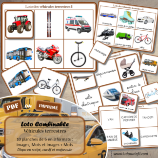 Loto combinable - Véhicules et moyens de transport terrestres - Images, noms et mots pour combiner à volonté et travailler différentes compétences - Photos sur fond blanc - Jeu progressif - Plusieurs niveaux possibles - Lecture et observation - Discrimination visuelle - 4 roues, 2 roues, camions, transports en commun, travaux... - PDF à télécharger et à imprimer ou jeu imprimé - Atelier maternelle ou cycle 2 - lexique vocabulaire - lslf