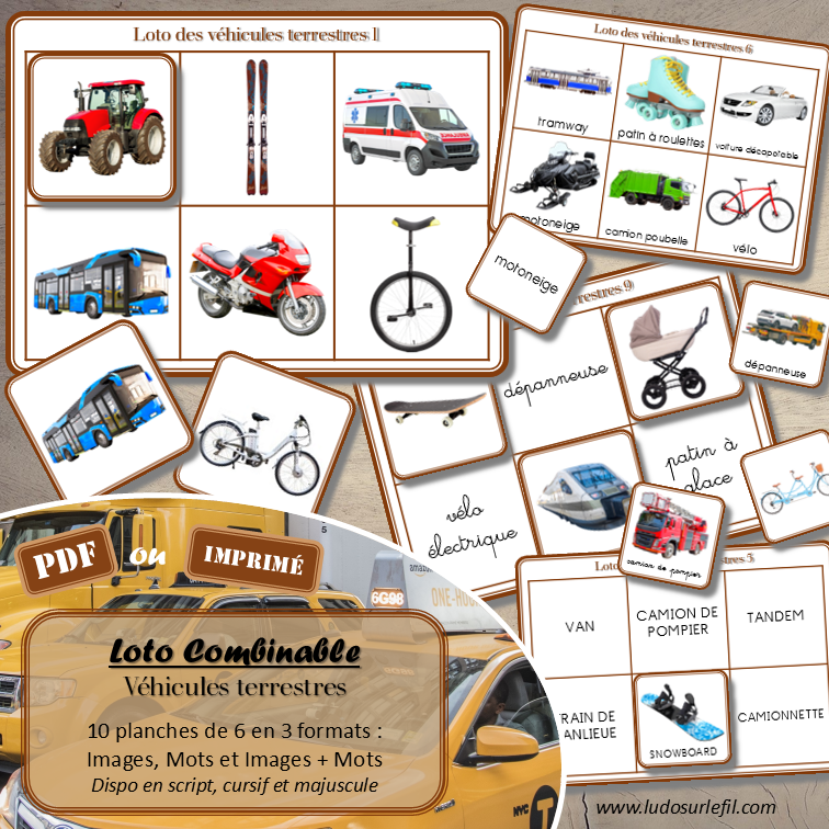 Loto combinable - Véhicules et moyens de transport terrestres - Images, noms et mots pour combiner à volonté et travailler différentes compétences - Photos sur fond blanc - Jeu progressif - Plusieurs niveaux possibles - Lecture et observation - Discrimination visuelle - 4 roues, 2 roues, camions, transports en commun, travaux... - PDF à télécharger et à imprimer ou jeu imprimé - Atelier maternelle ou cycle 2 - lexique vocabulaire - lslf