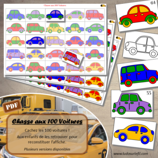 Chasse aux 100 voitures - Jeu à télécharger et à imprimer - Couleurs et noir et blanc à colorier - chasse géante intérieure - Véhicules terrestres, 4 roues - Moyens de transport - Observation, discrimination visuelle, patience - recherche - Version à colorier - Coloriage - lslf