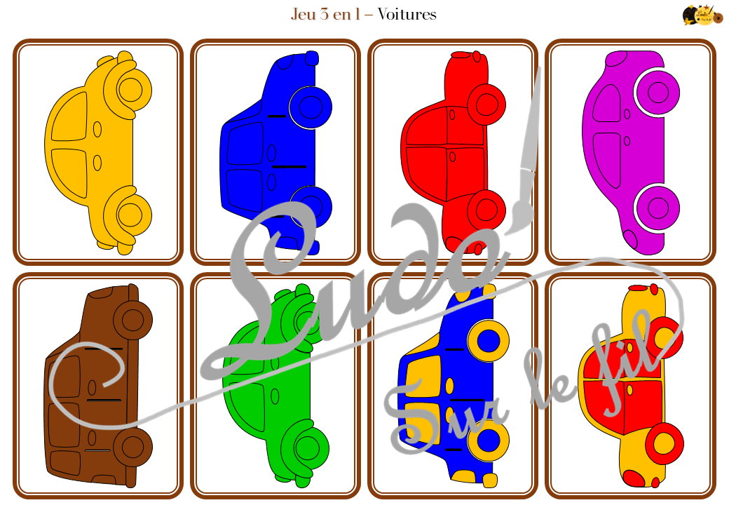 Jeu 3 en 1 Voitures - Jeu de dés autour des couleurs - Memory - Mistigri - Travail de la discrimination visuelle, de la rapidité, de l'observation et de la mémoire - Thème sur les véhicules terrestres - Atelier préscolaire et maternelle autonome - Thème Véhicules terrestres - Support pédagogique - Document PDF à télécharger et imprimer ou jeu imprimé - ludique - lslf