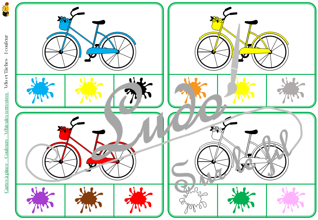 Jeu de cartes à pince sur les couleurs et les véhicules terrestres - Pour un thème sur les voitures, camions et autres moyens de transport - 78 cartes réparties en 6 niveaux de difficulté - progressif - 1, 2, 3 couleurs - Véhicules et couleurs ou deux véhicules différents - Autocorrection au dos - Atelier préscolaire et maternelle autonome - Thème Véhicules terrestres - Support pédagogique - Document PDF à télécharger et imprimer ou jeu imprimé - Motricité fine et pince Pouce-Index avec pinces à linge - ludique - lslf