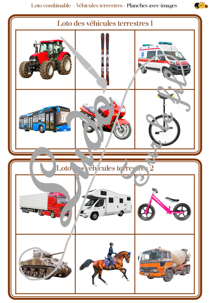 Loto combinable - Véhicules et moyens de transport terrestres - Images, noms et mots pour combiner à volonté et travailler différentes compétences - Photos sur fond blanc - Jeu progressif - Plusieurs niveaux possibles - Lecture et observation - Discrimination visuelle - 4 roues, 2 roues, camions, transports en commun, travaux... - PDF à télécharger et à imprimer ou jeu imprimé - Atelier maternelle ou cycle 2 - lexique vocabulaire - lslf