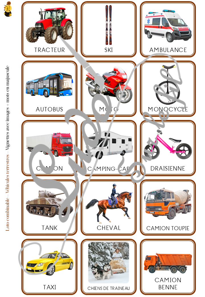 Loto combinable - Véhicules et moyens de transport terrestres - Images, noms et mots pour combiner à volonté et travailler différentes compétences - Photos sur fond blanc - Jeu progressif - Plusieurs niveaux possibles - Lecture et observation - Discrimination visuelle - 4 roues, 2 roues, camions, transports en commun, travaux... - PDF à télécharger et à imprimer ou jeu imprimé - Atelier maternelle ou cycle 2 - lexique vocabulaire - lslf